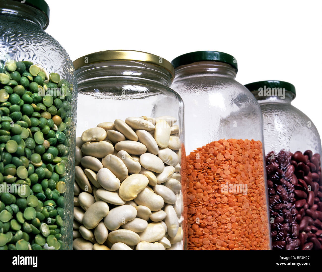 Pulses (from left to right green split peas, butter beans, red lentils