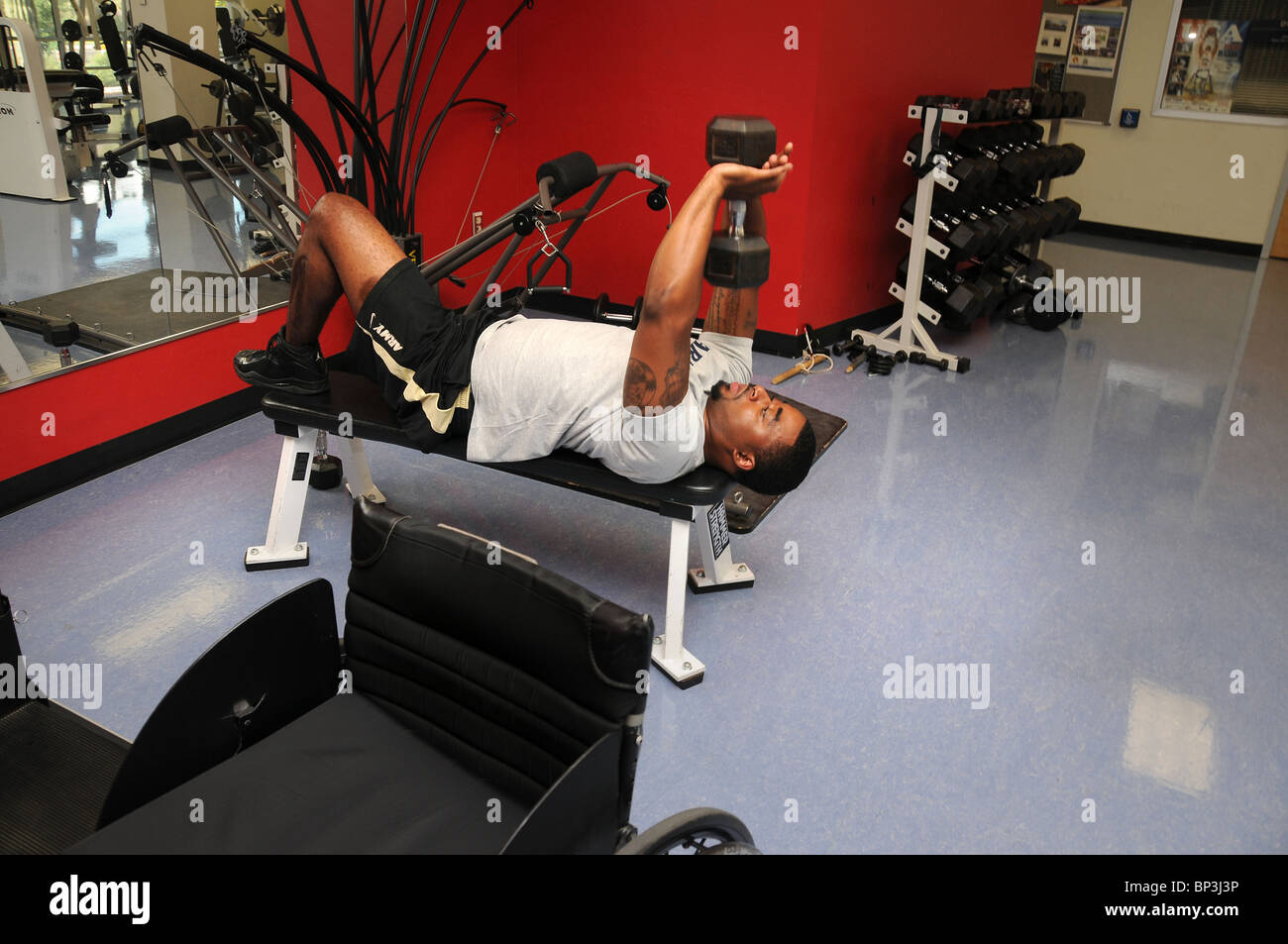 Chris Bryant, who is a disabled veteran of Iraq, works out at the UA, where he plays wheelchair basketball. Stock Photo