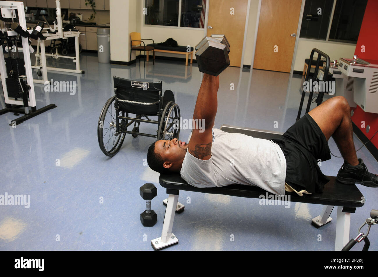 Chris Bryant, who is a disabled veteran of Iraq, works out at the UA, where he plays wheelchair basketball. Stock Photo
