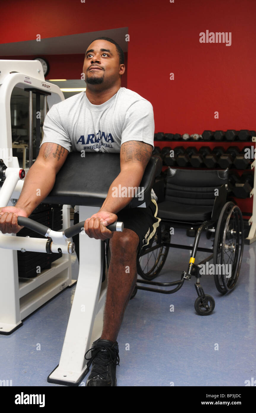 Chris Bryant, who is a disabled veteran of Iraq, works out at the UA, where he plays wheelchair basketball. Stock Photo