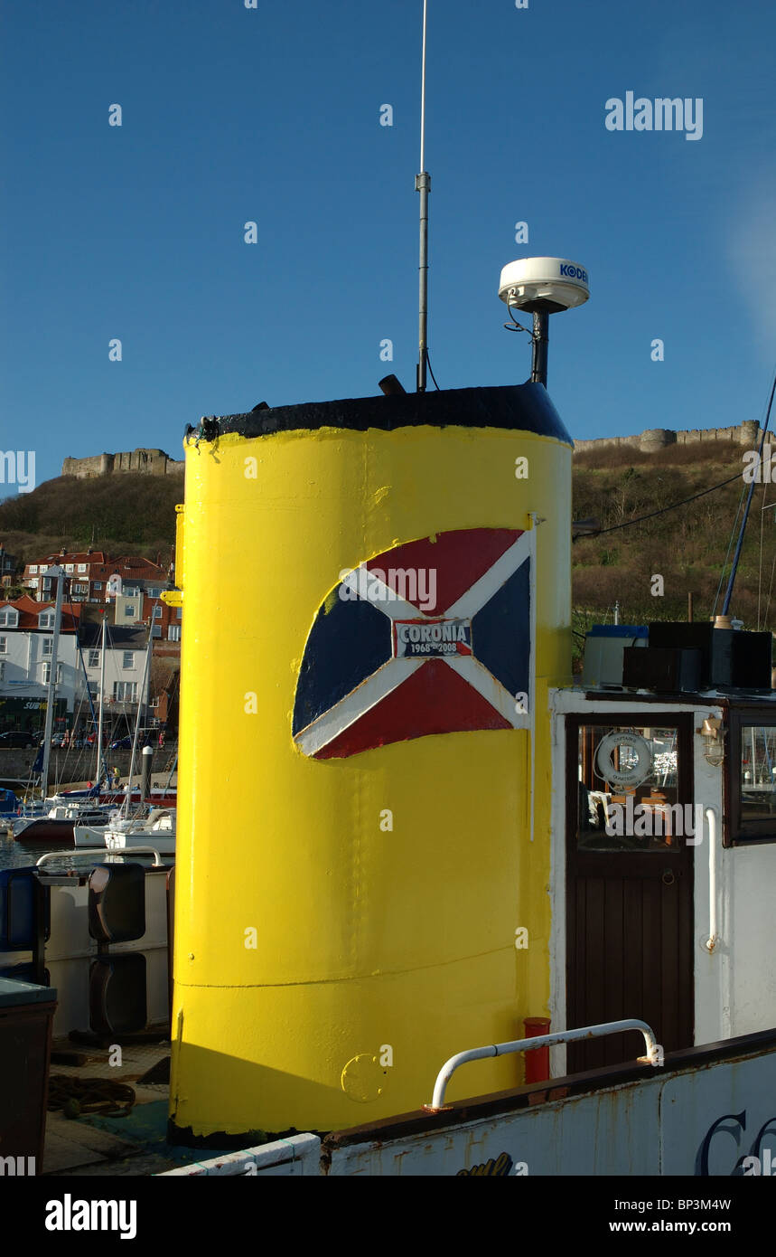 the yellow funnel of the steamer Coronia, Scarborough, North Yorkshire, England, UK Stock Photo