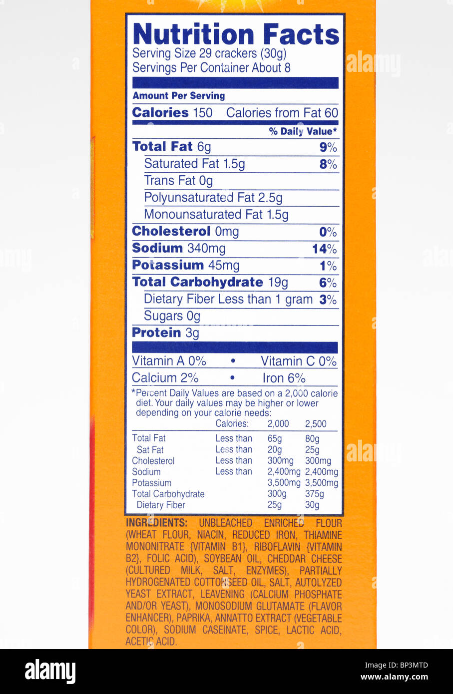Nutrition facts label from a box of crackers. Stock Photo