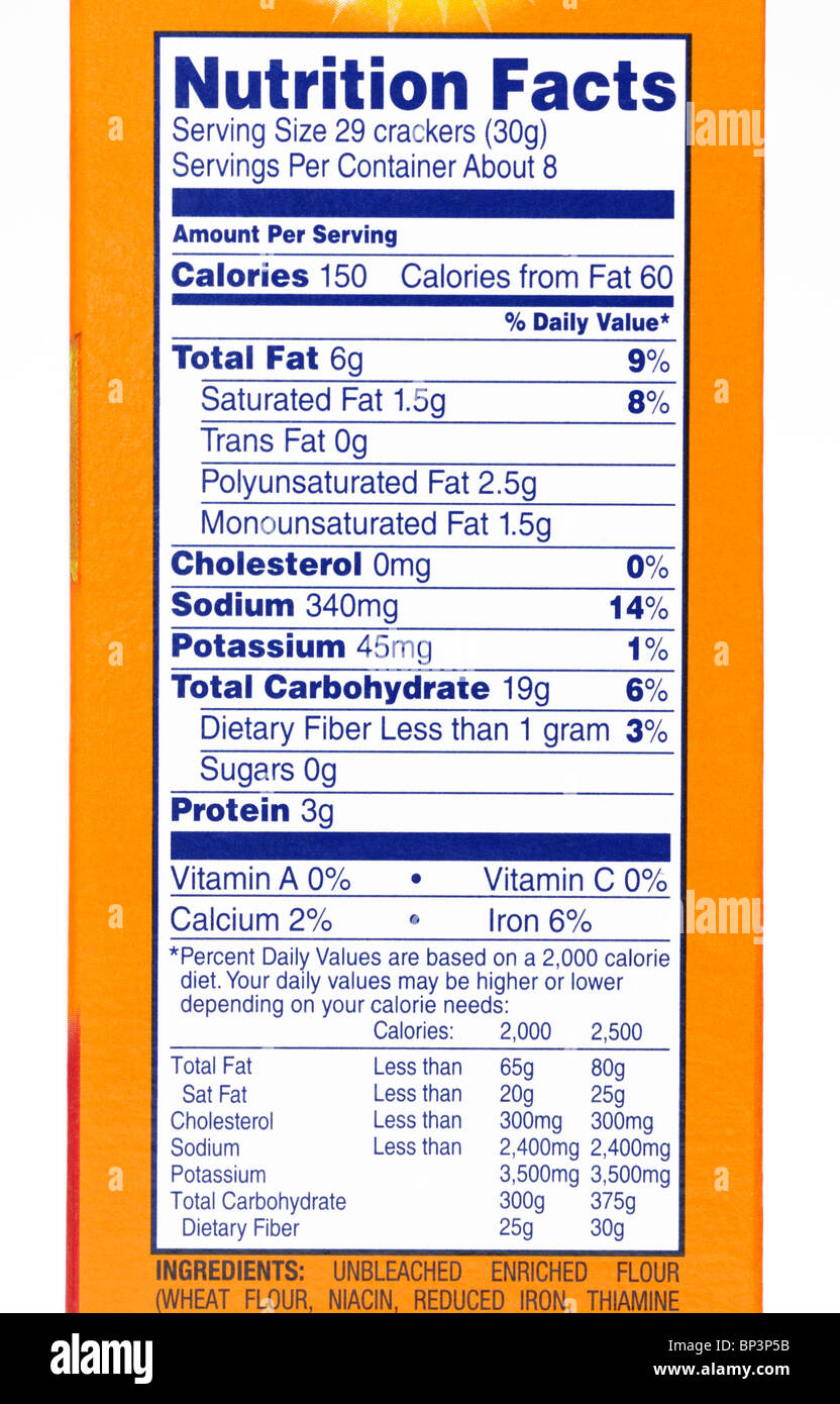 Nutrition facts label from a box of crackers. Stock Photo