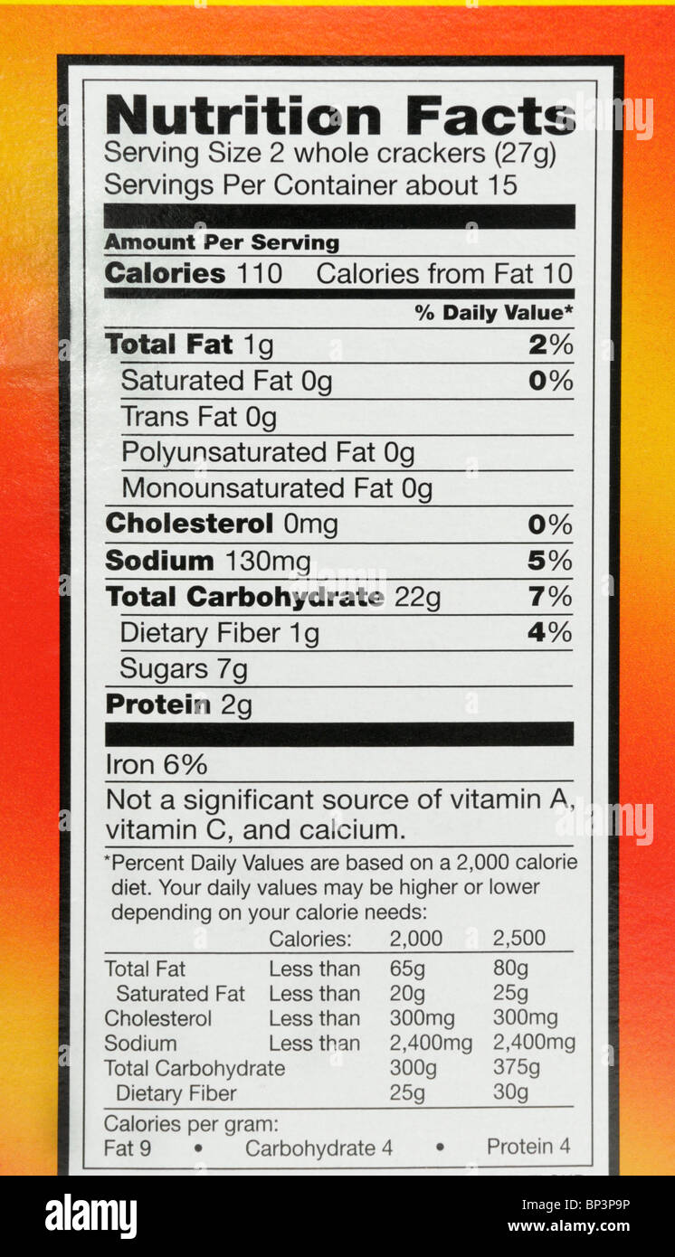Nutrition facts label from a box of crackers. Stock Photo