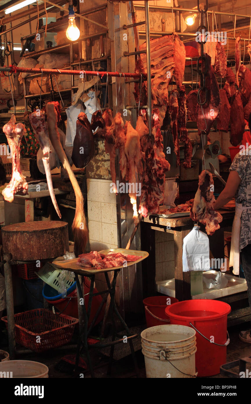 Meat on sale in the Wet Market, Wan Chai, Hong Kong Stock Photo
