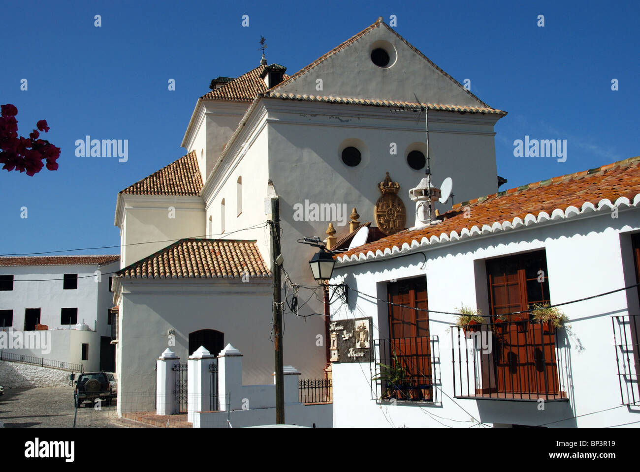Church, whitewashed village, Macharaviaya, Costa del Sol, Malaga Province, Andalucia, Spain, Western Europe. Stock Photo