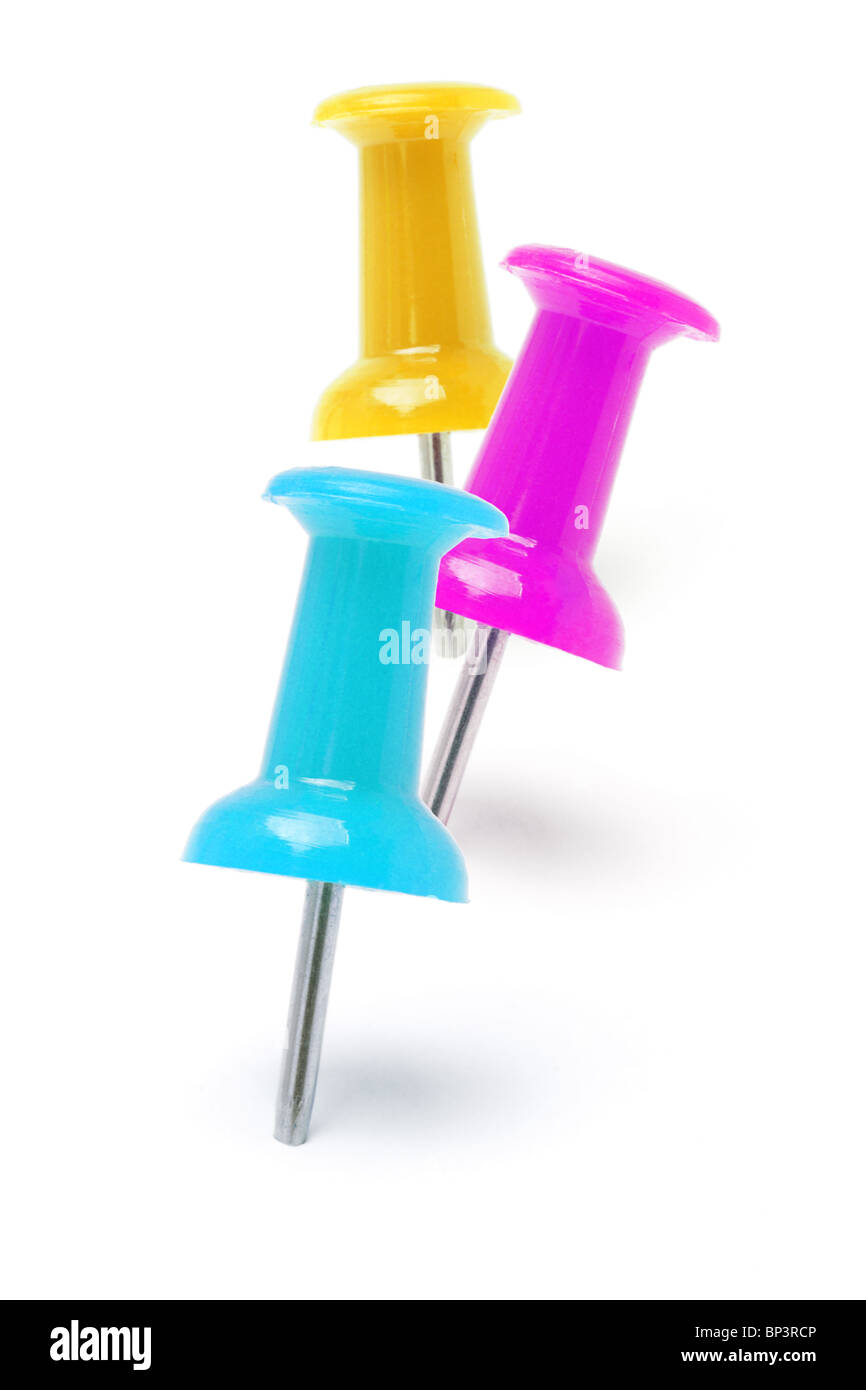 Three colorful push pins on white background Stock Photo