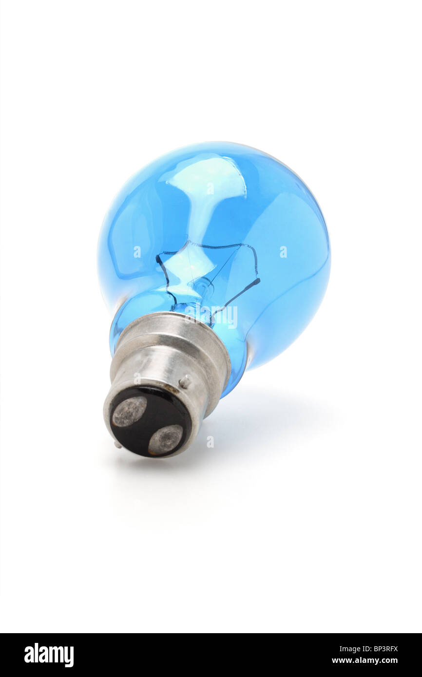 Bright blue tungsten light bulb on white background Stock Photo