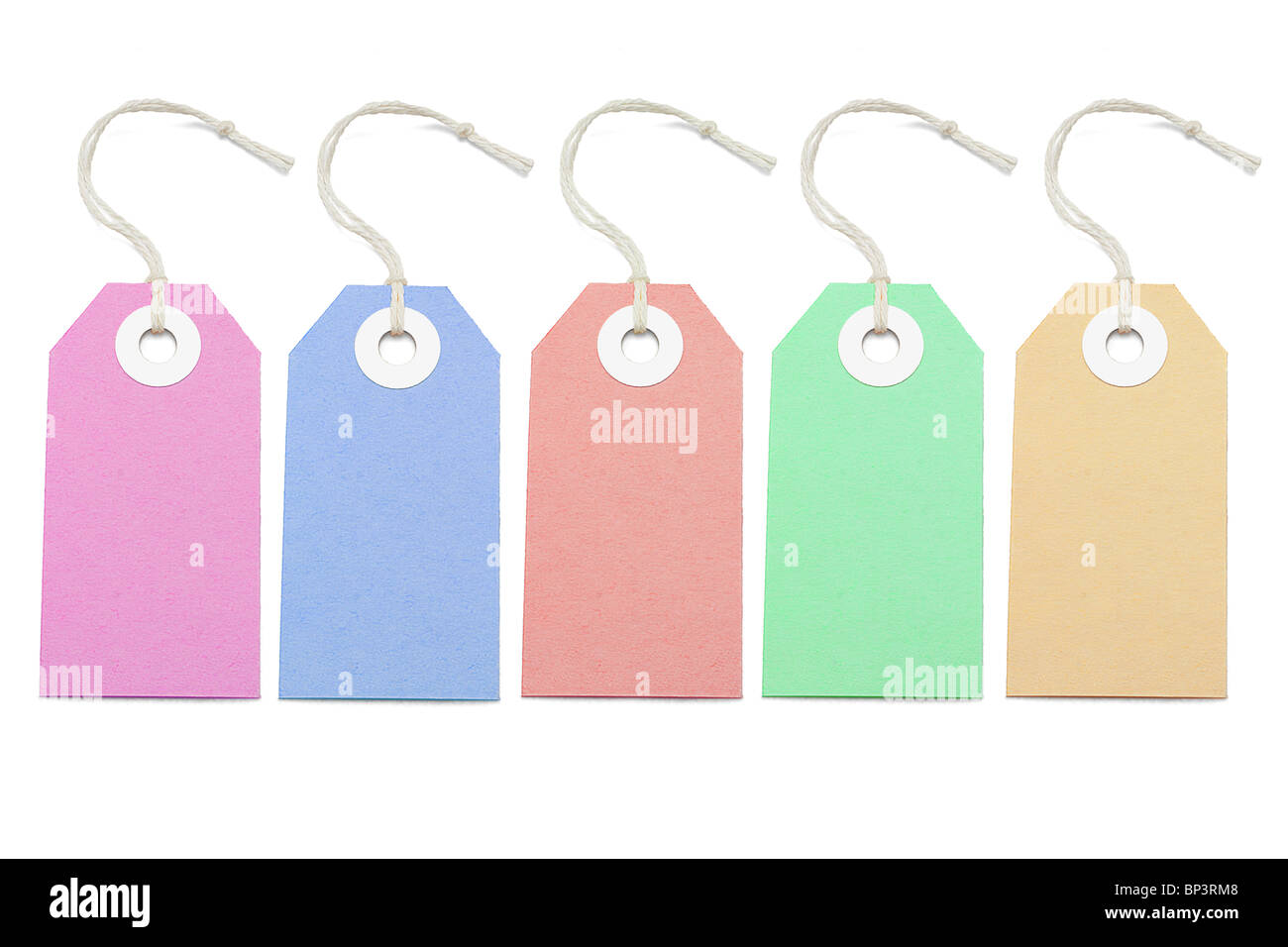 Multicolor price tags arranged on white background Stock Photo