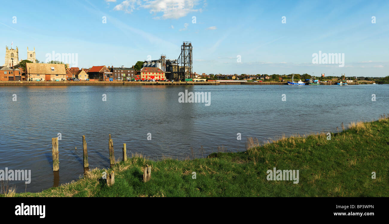 A panoramic view looking East across the River Great Ouse towards King's Lynn Stock Photo
