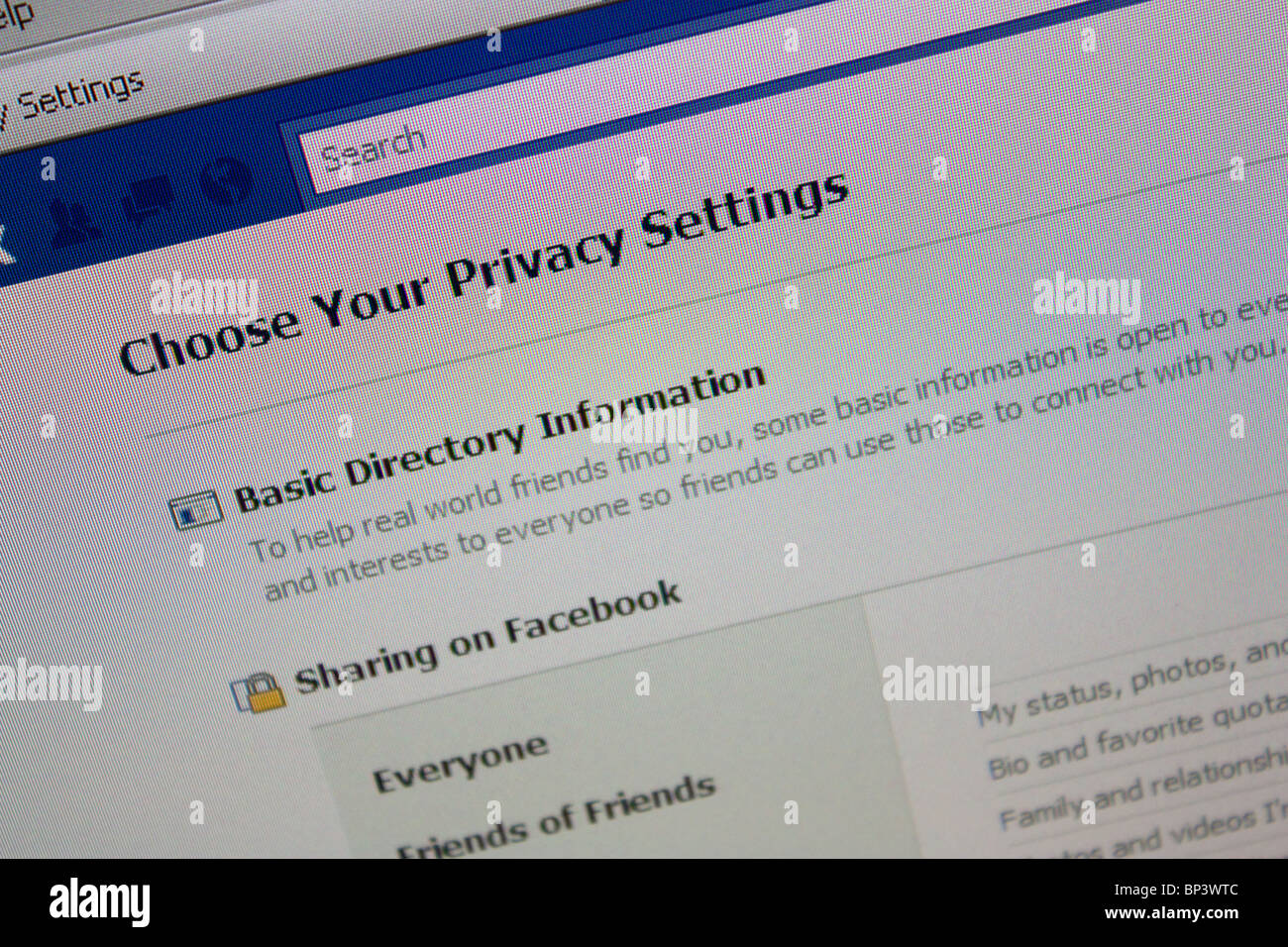 facebook privacy settings Stock Photo