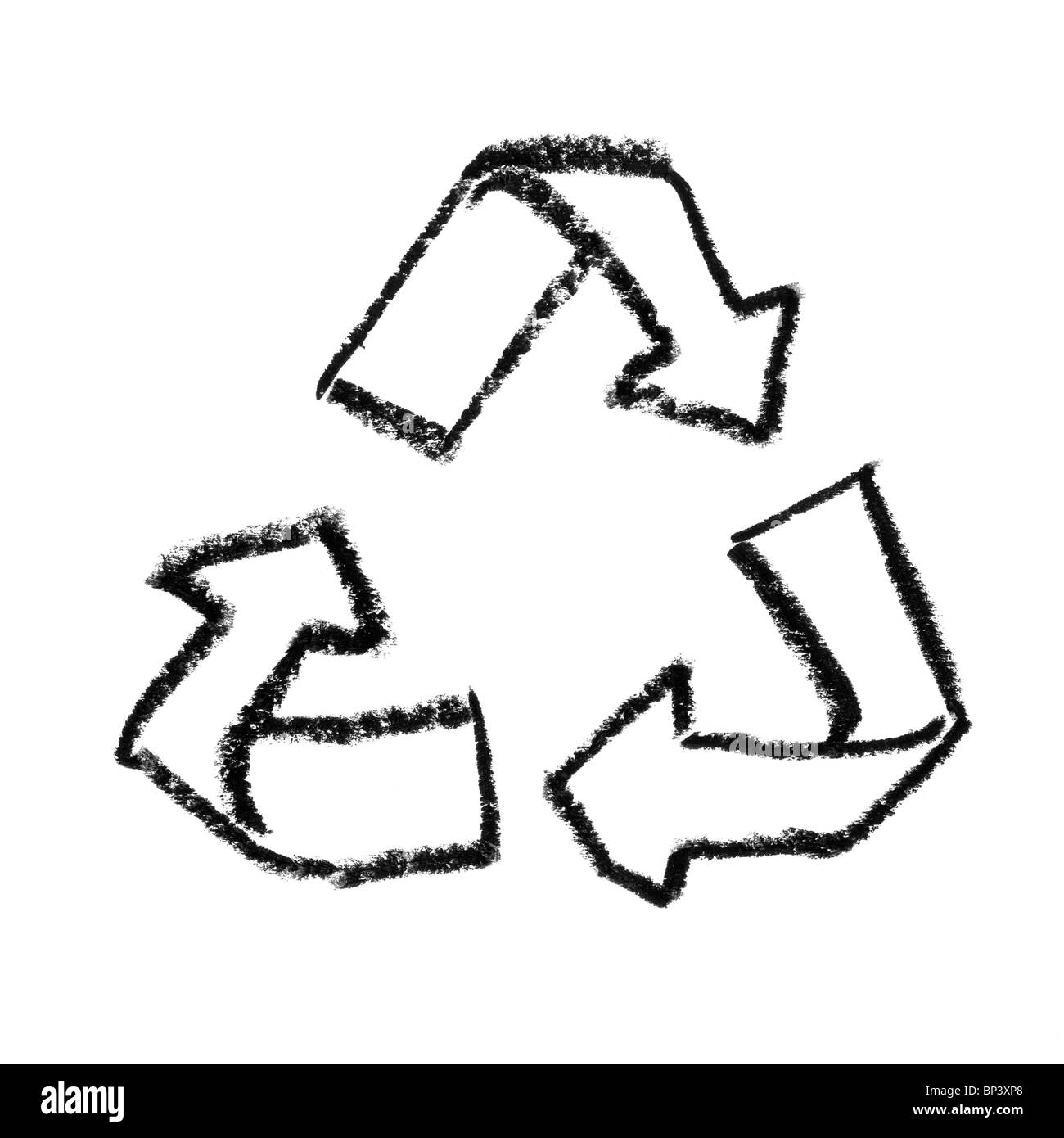 Reuse Symbol, Outline. Drawn chalk, isolated on white. Stock Photo