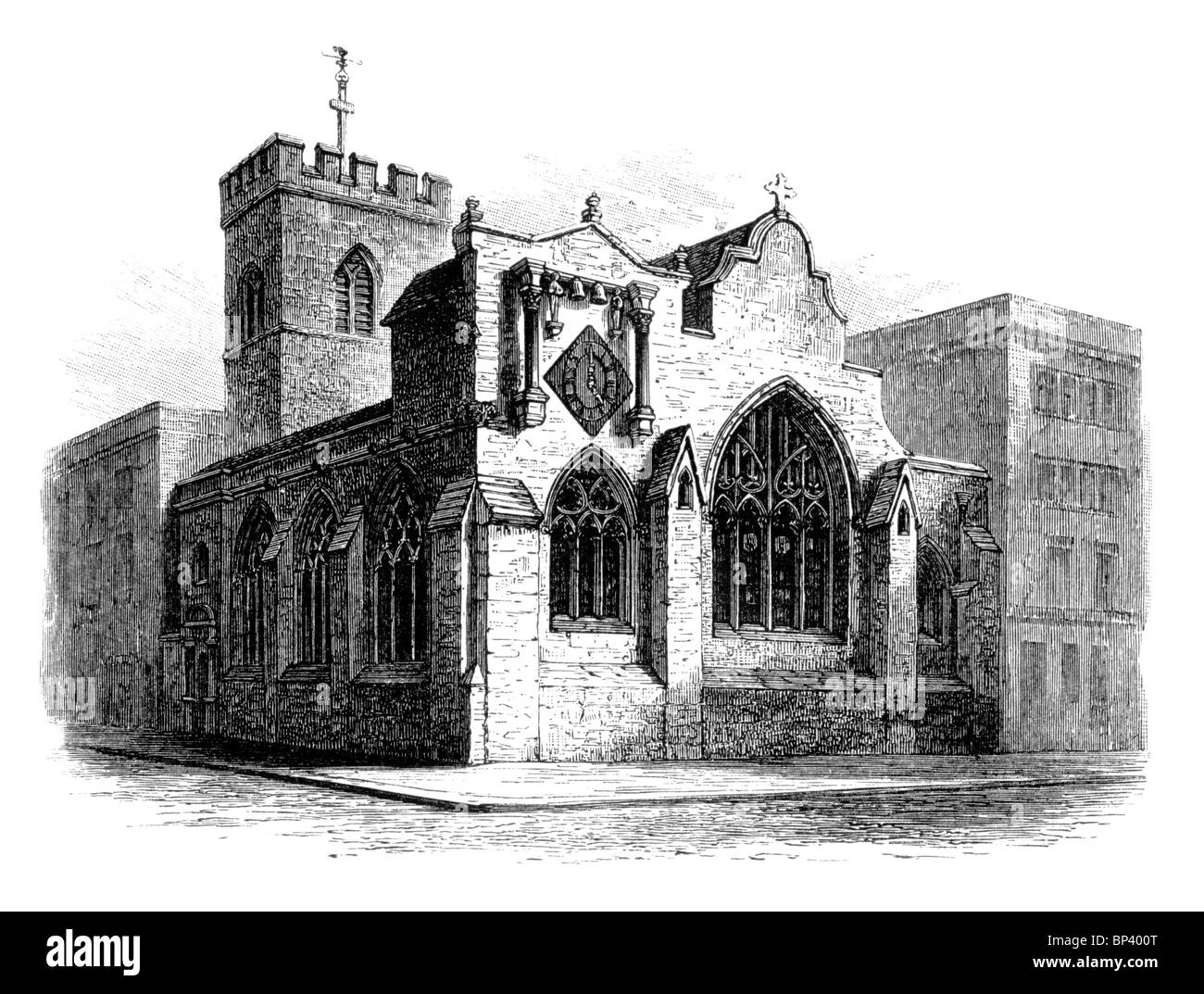 Black and White Illustration; Old Church of St Martin, Oxford demolished in the 18th century Stock Photo