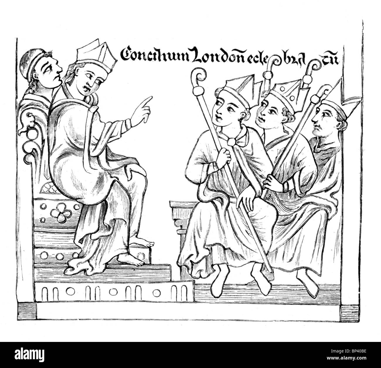 Black and White Illustration; Legatine Council in Mondon AD 1237; Illumination by Matthew Paris from Historia Anglorum Stock Photo