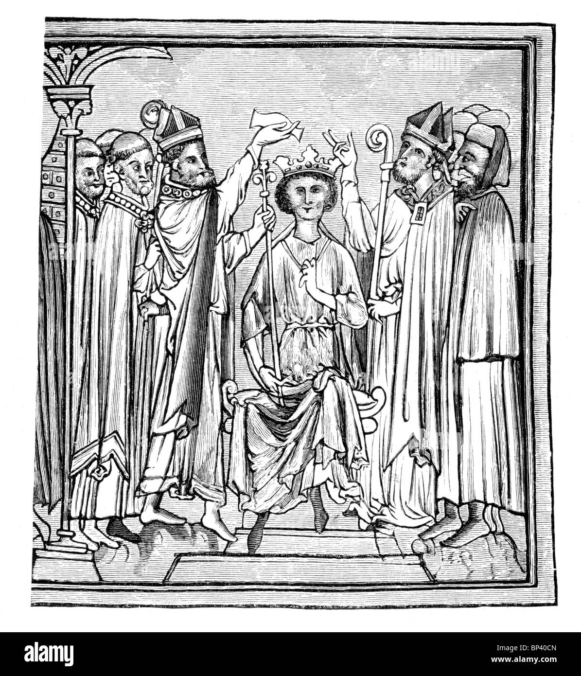 Black and White Illustration; Coronation and Unction of a King; 13th century; Source; MS Cambridge University Library Ee iii 59. Stock Photo