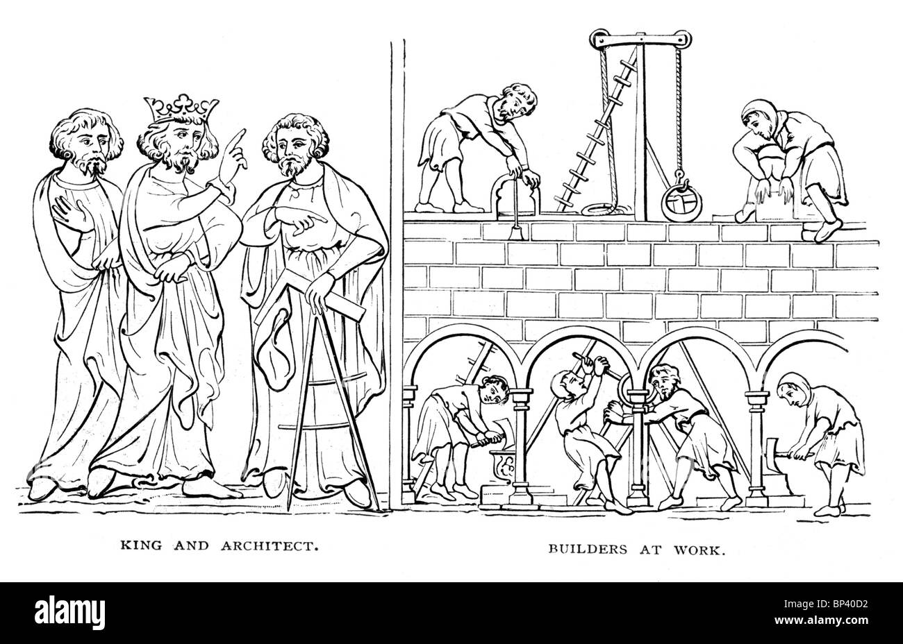 Black and White Illustration; The Foundation of a Minster; probably by Matthew Paris Monk of St Albans 13th century manuscript Stock Photo