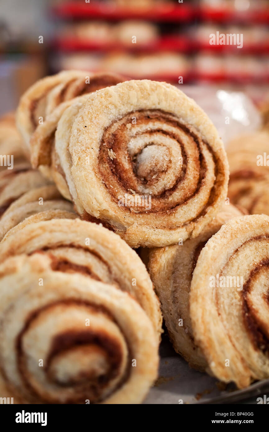 Cinnamon buns in a bakery. Stock Photo