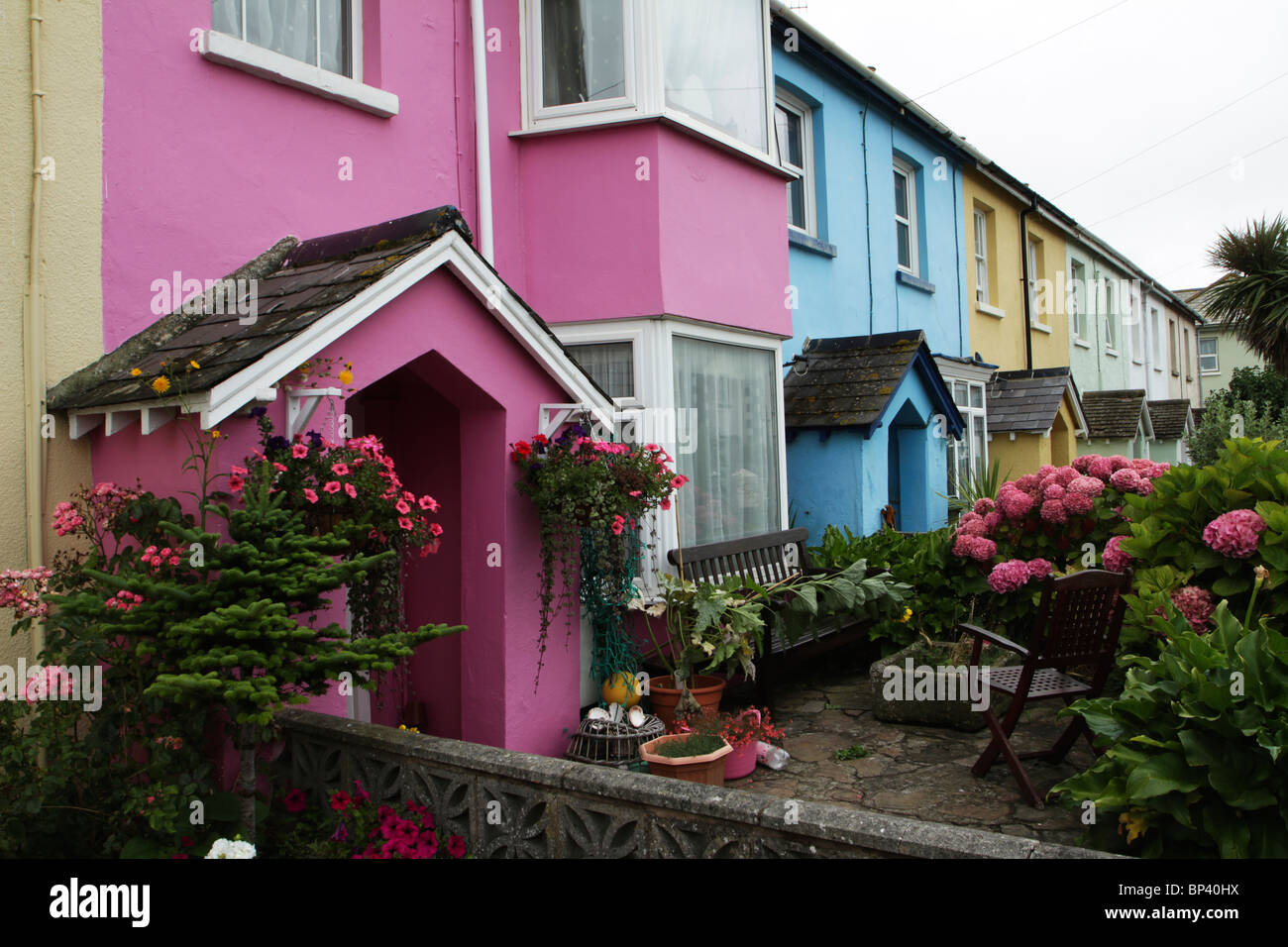 Row of colourful cottages, Westward Ho!, North Devon, UK Stock Photo