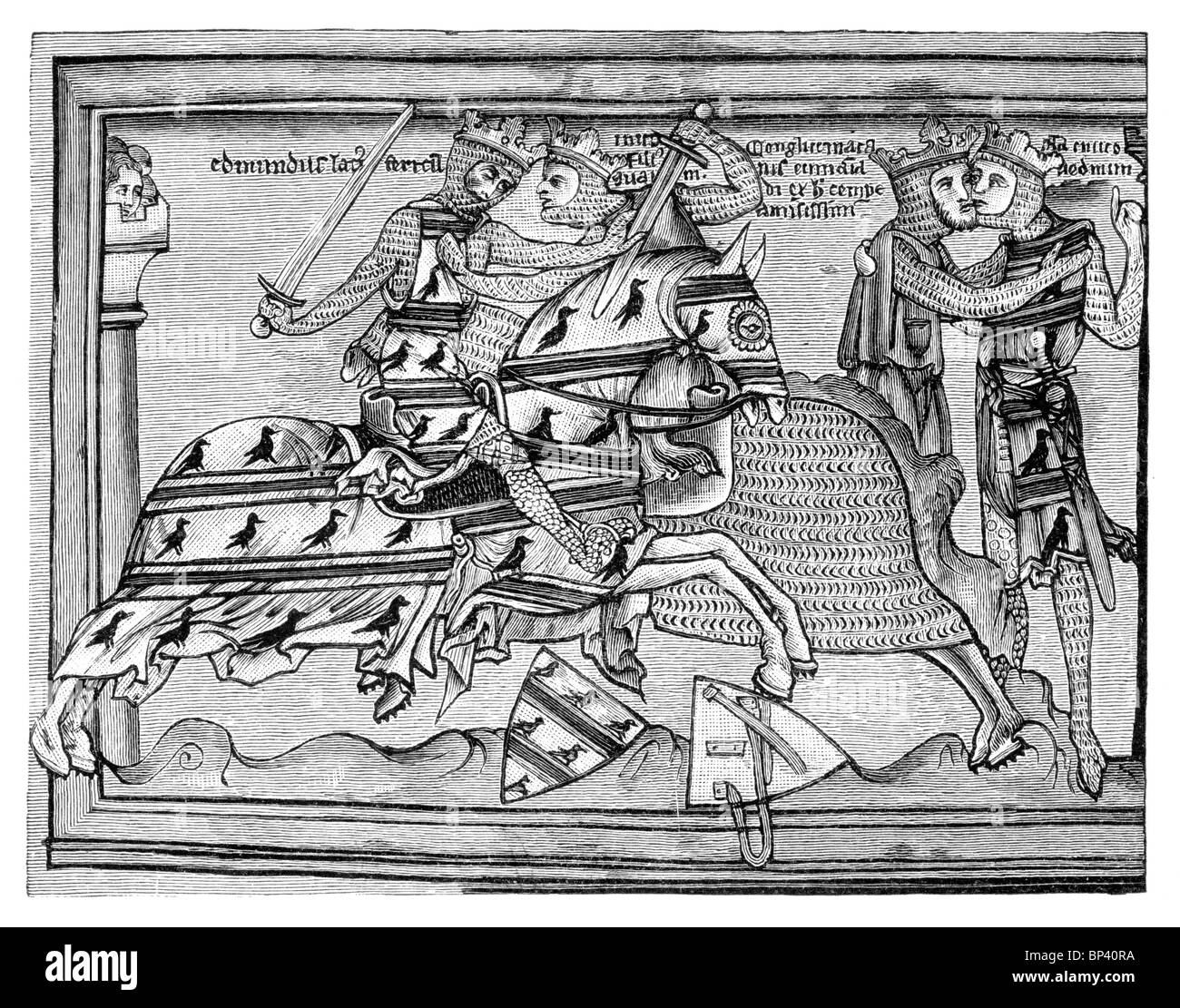 Black and White Illustration; Kings in chain mail armour; Mounted combat Stock Photo