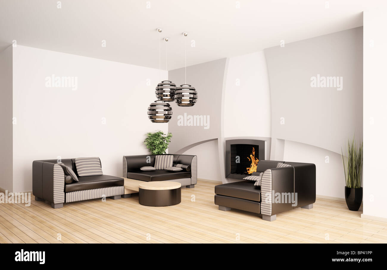 Modern living room interior with fireplace 3d render Stock Photo - Alamy