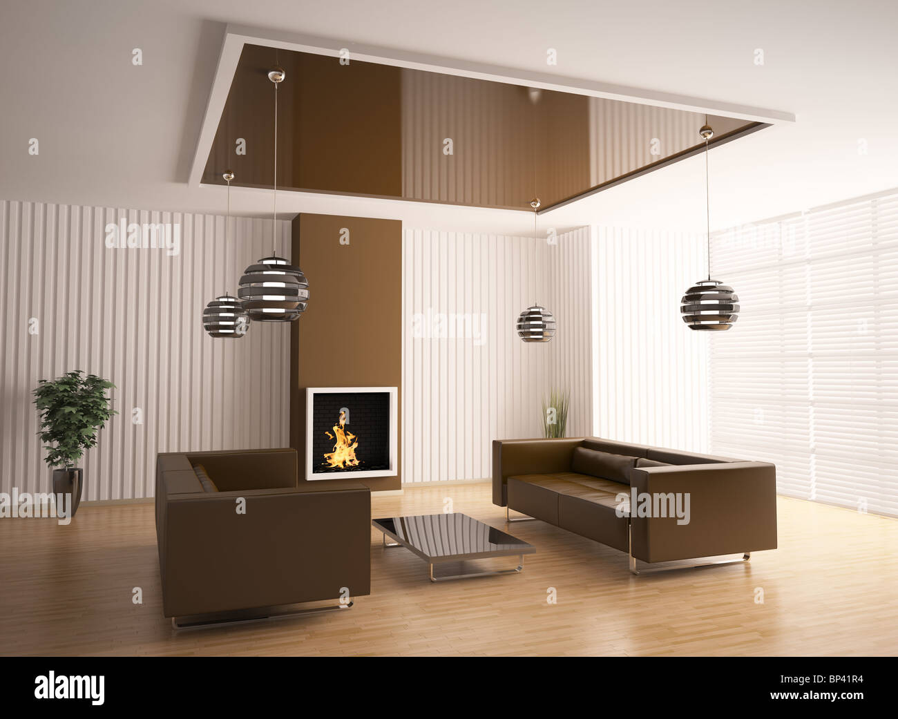 Interior of living room with fireplace 3d render Stock Photo - Alamy