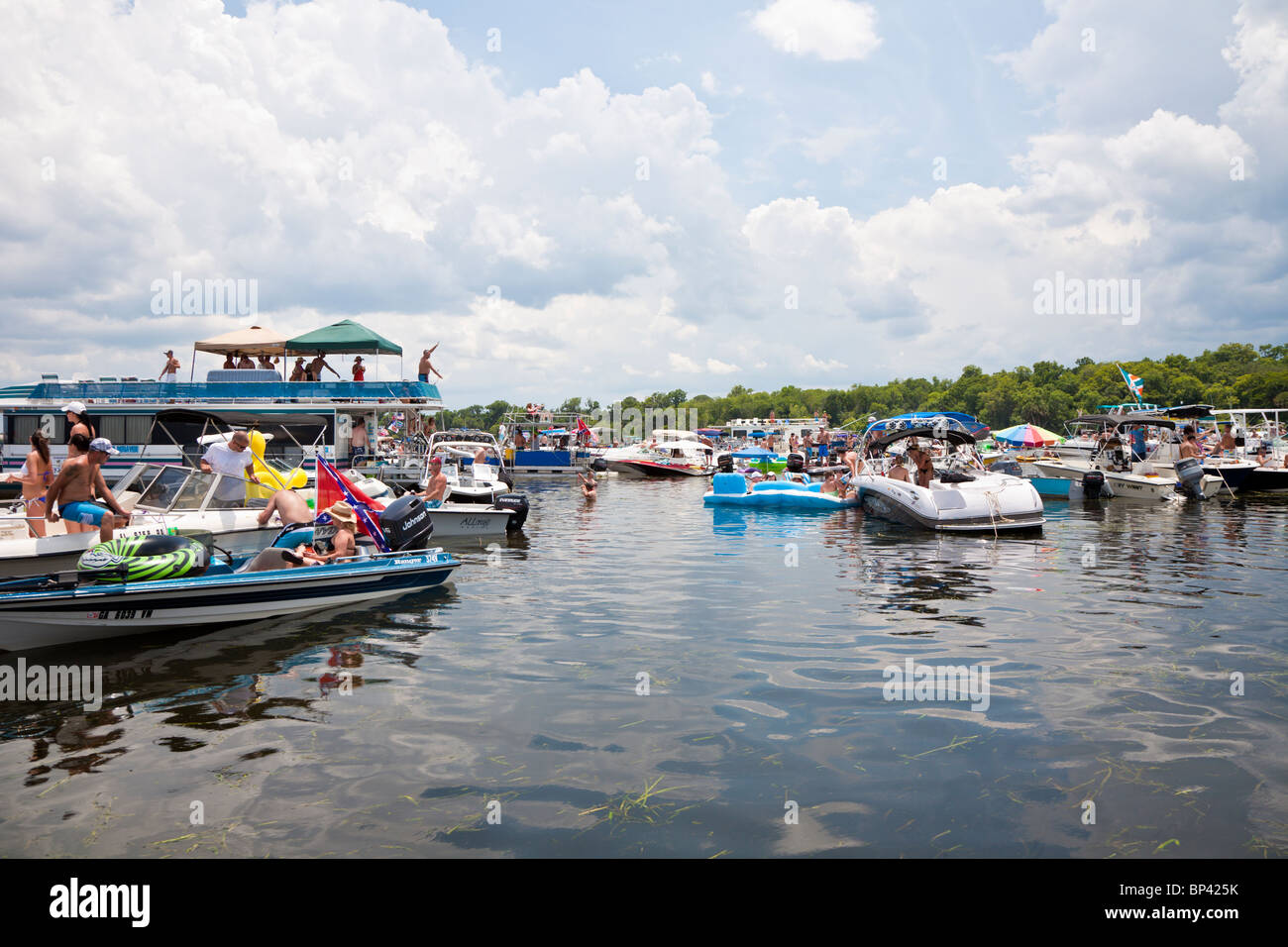 Lake George, FL - May 2010 - Boaters raft together for a day long party on Lake George in central Florida Stock Photo