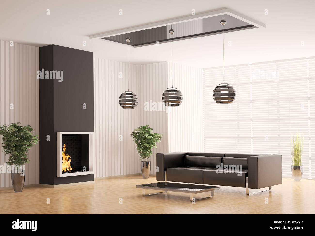Interior of living room with fireplace 3d render Stock Photo - Alamy