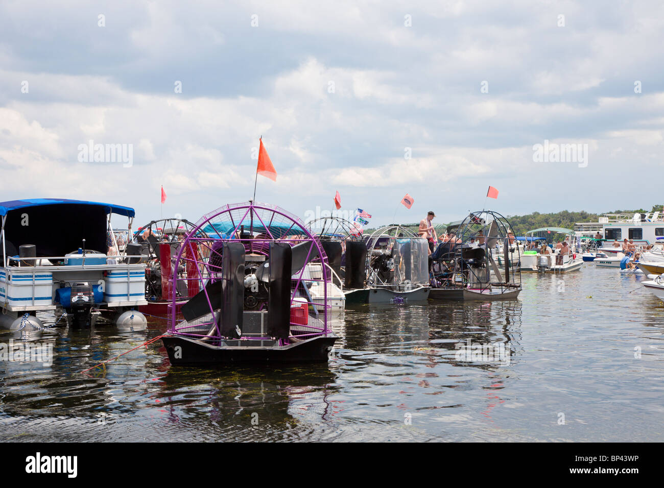 Lake George, FL - May 2010 - Airboats rafted together for a day long party on Lake George in central Florida Stock Photo