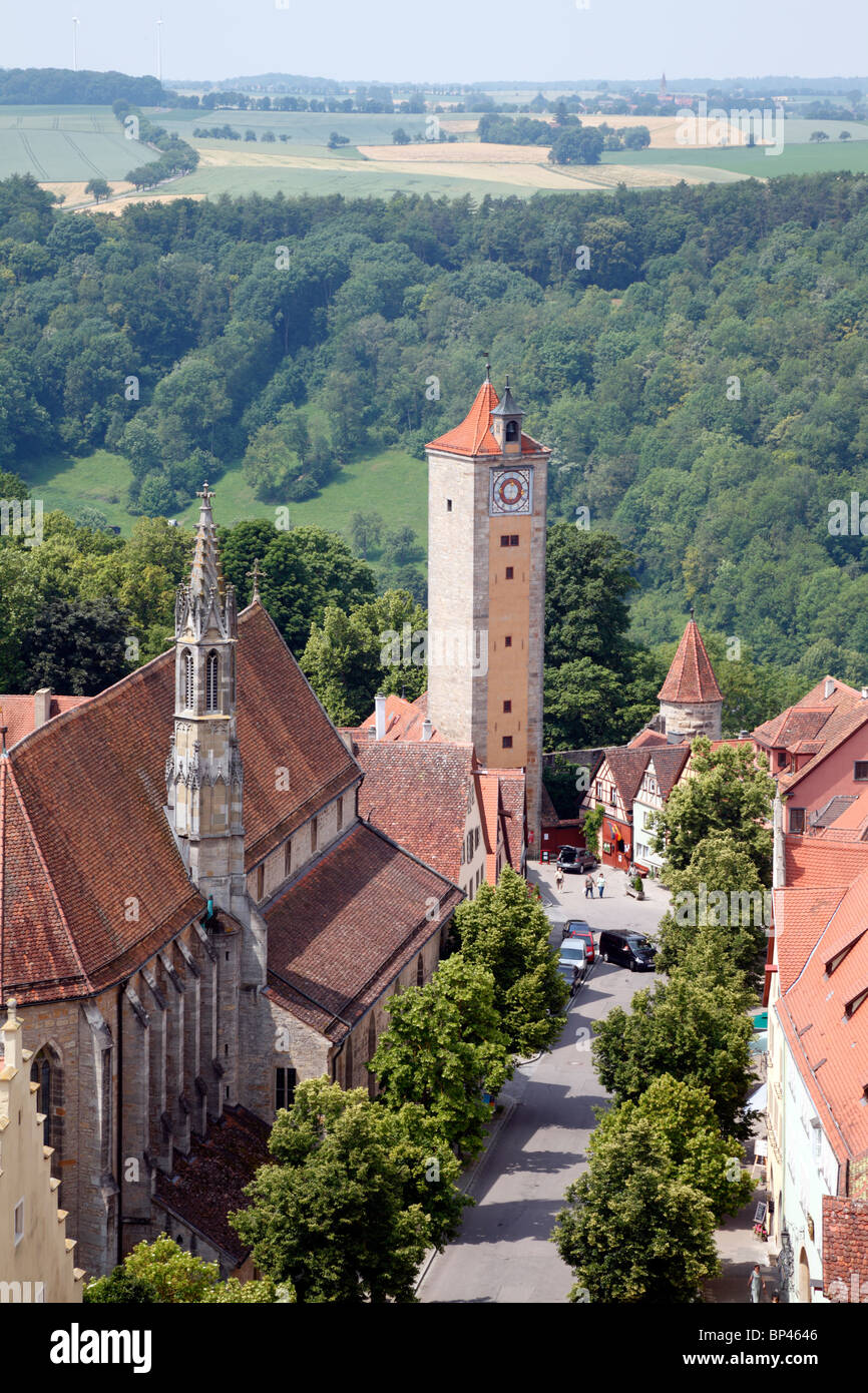 Skyline view from the tall town hall tower of Rothenburg ob der Tauber, Franconia, Bavaria, Germany. Burgturm tower. Stock Photo
