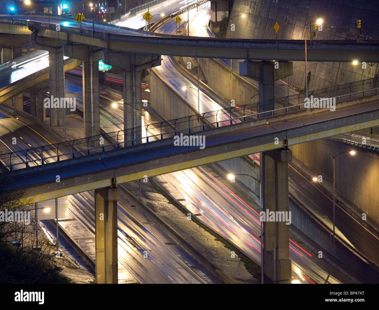 Rain slick Pittsburgh freeway bridges at night Stock Photo - Alamy