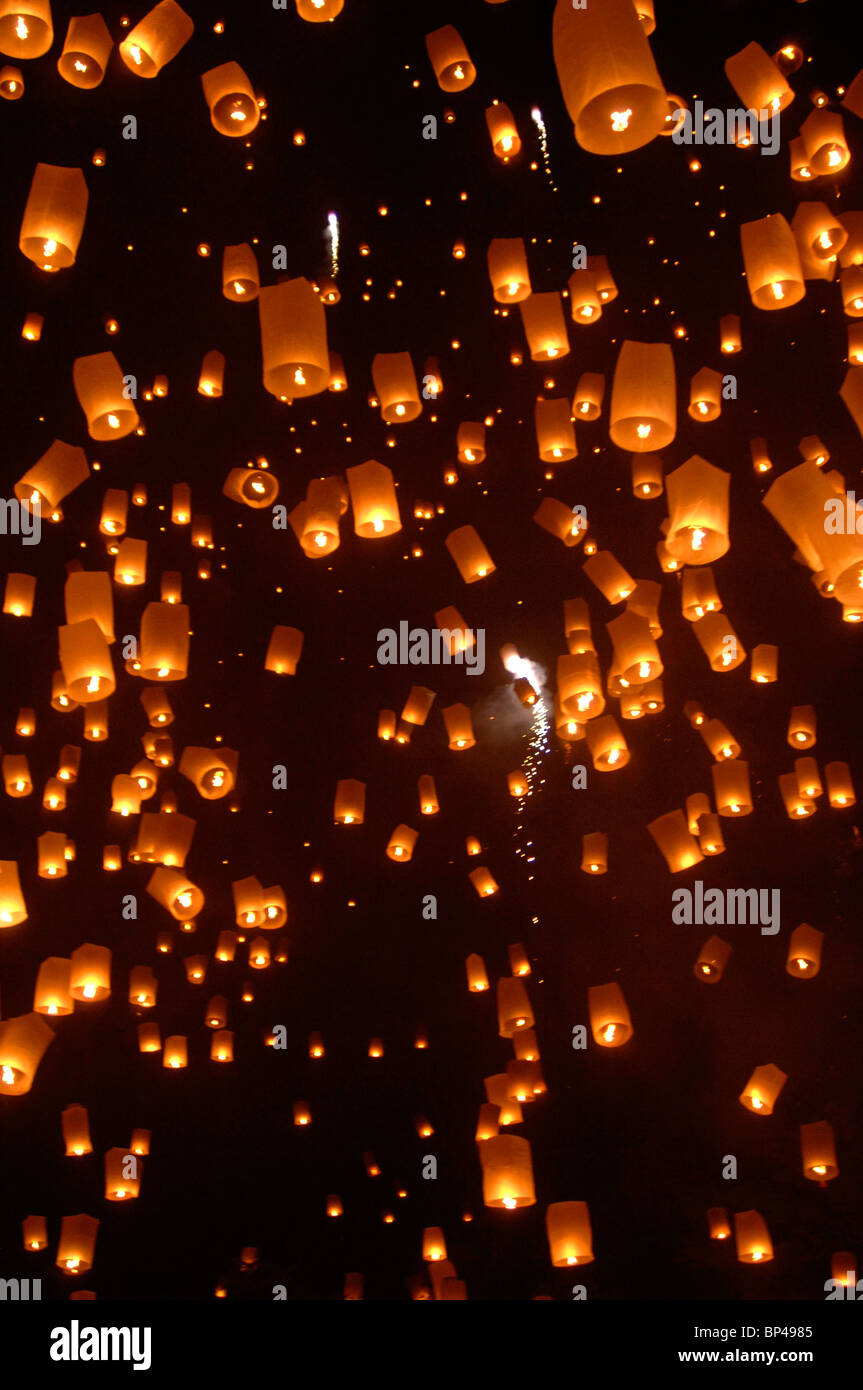 Khom loy lanterns during Loi Krathong festival, at Tudong Kha Satan meditation temple. Stock Photo