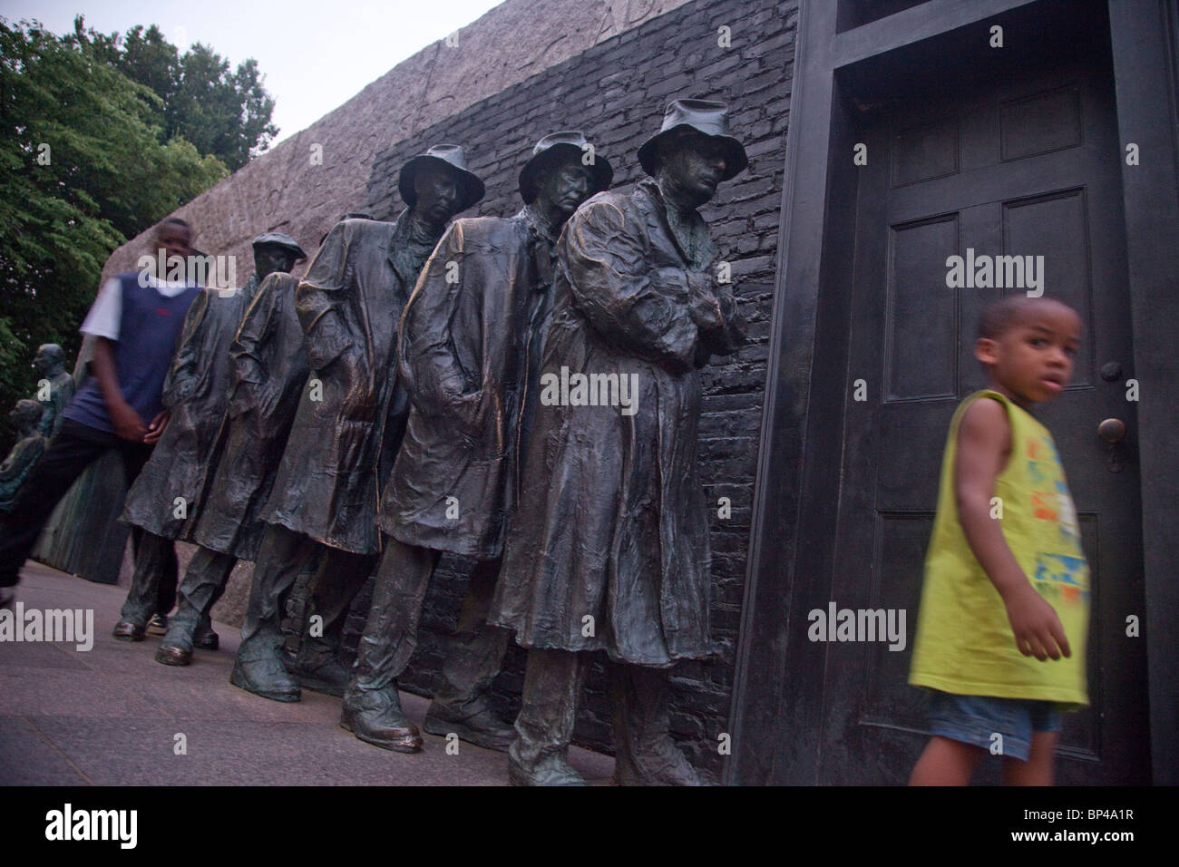 The Franklin Delano Roosevelt (FDR) Memorial in Washington, DC houses a 'room' depicting an urban breadline. Stock Photo