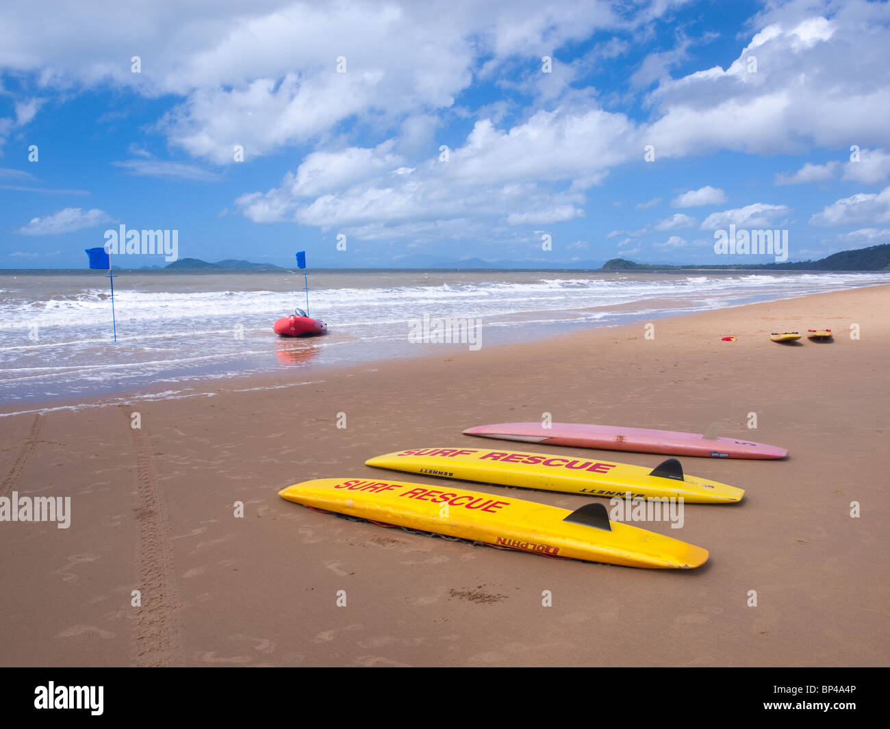Surf rescue surfboards on South Mission Beach, Queensland, Australia. Stock Photo