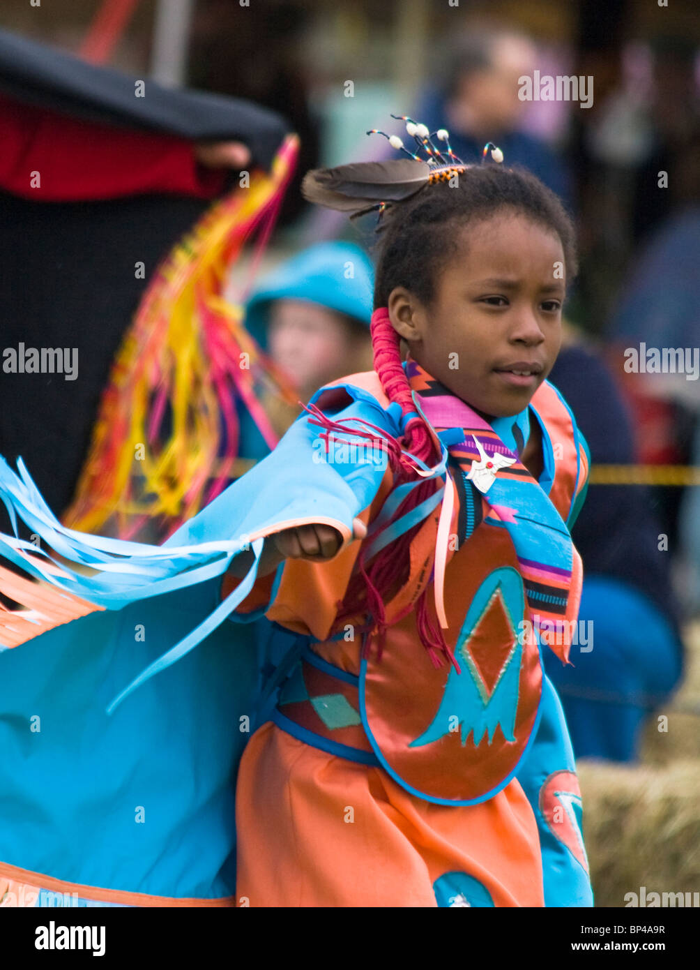 A fancy dancer dances at the Healing Horse Spirit PowWow in Mt. Airy, Maryland. Stock Photo