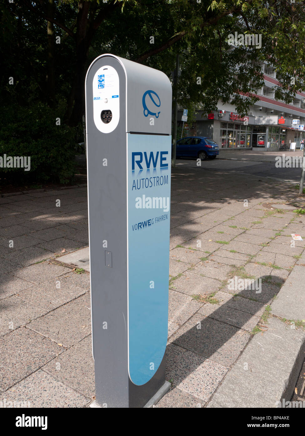 New electric car plugin recharging station operated by RWE on Berlin street Germany Stock Photo