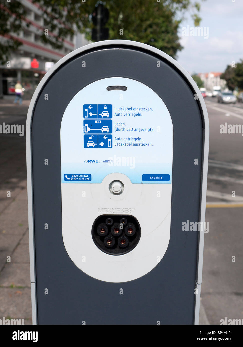 New electric car plugin recharging station operated by RWE on Berlin street Germany Stock Photo