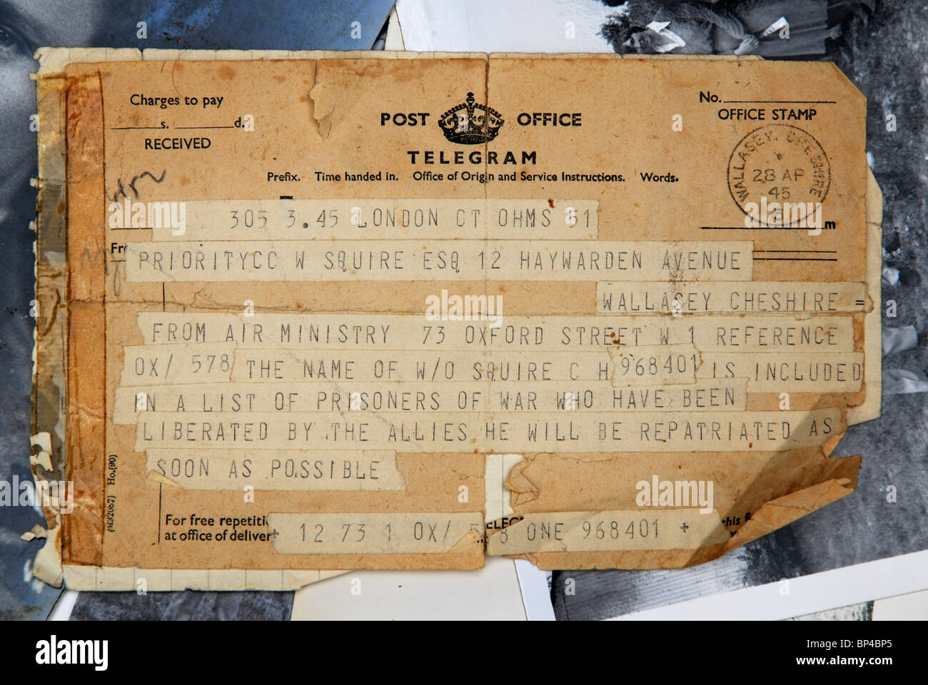 Telegram sent in WWII to notify of the liberation of POW RAF pilot Howard Squire from Germany. Stock Photo