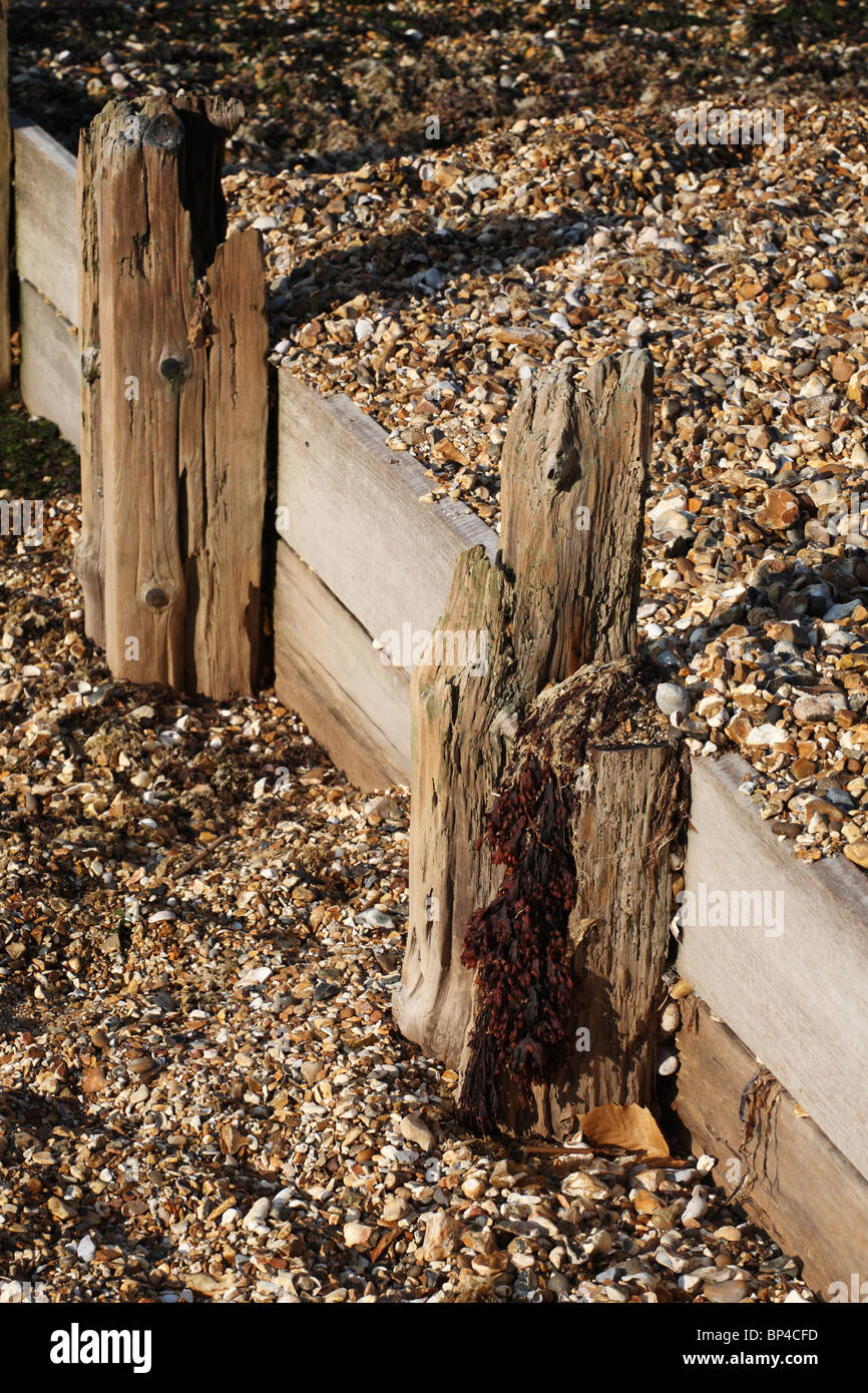Wooden breakwater on the beach at Hillhead, Fareham, Hampshire, England, UK. Stock Photo