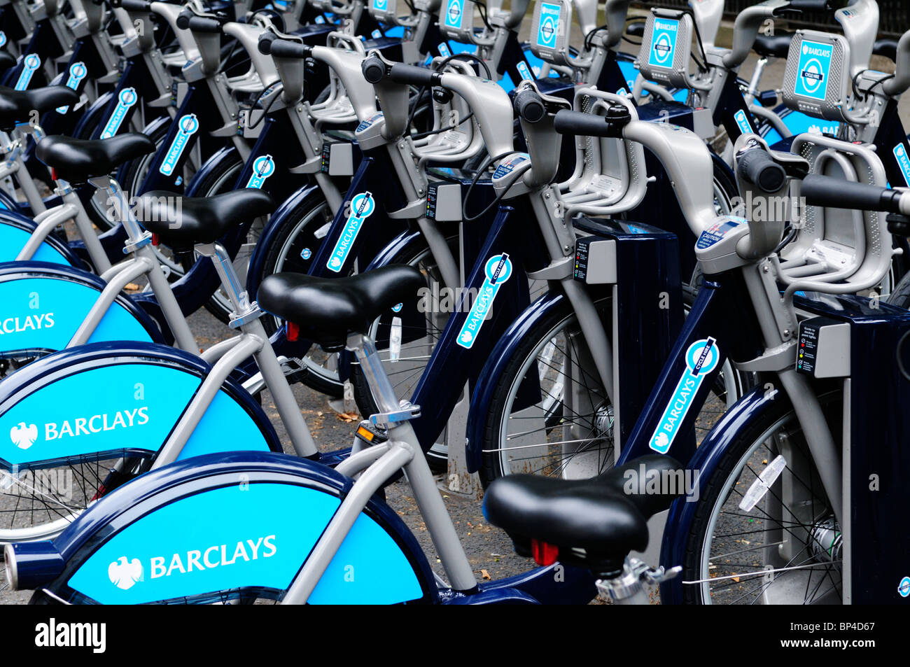 Racks of Barclays Transport for London Cycling Scheme bicyles for hire, Soho Square, London, England, UK Stock Photo