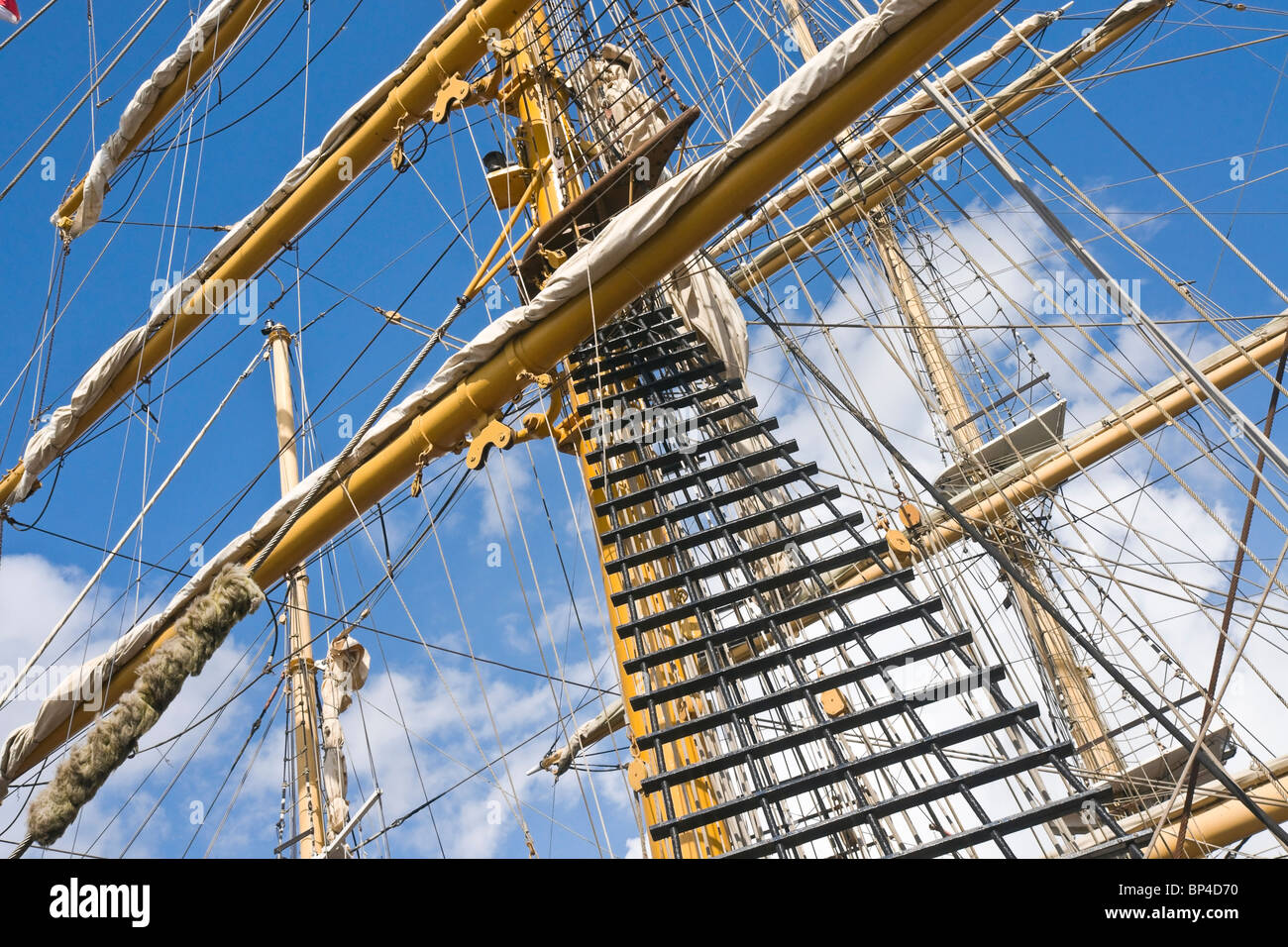 The foremast and yards (spars) on a barquentine rigged sailing ship. Stock Photo