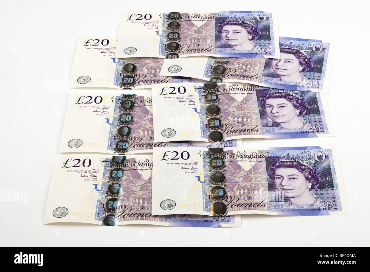 140 pounds in British currency 20 pound notes.  Editorial use only Stock Photo