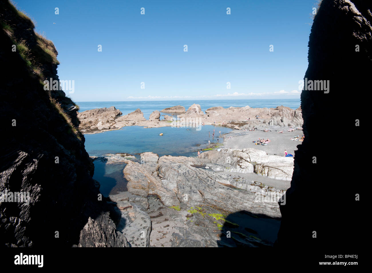 The Tunnels Beach and rock pool at North Devon Stock Photo
