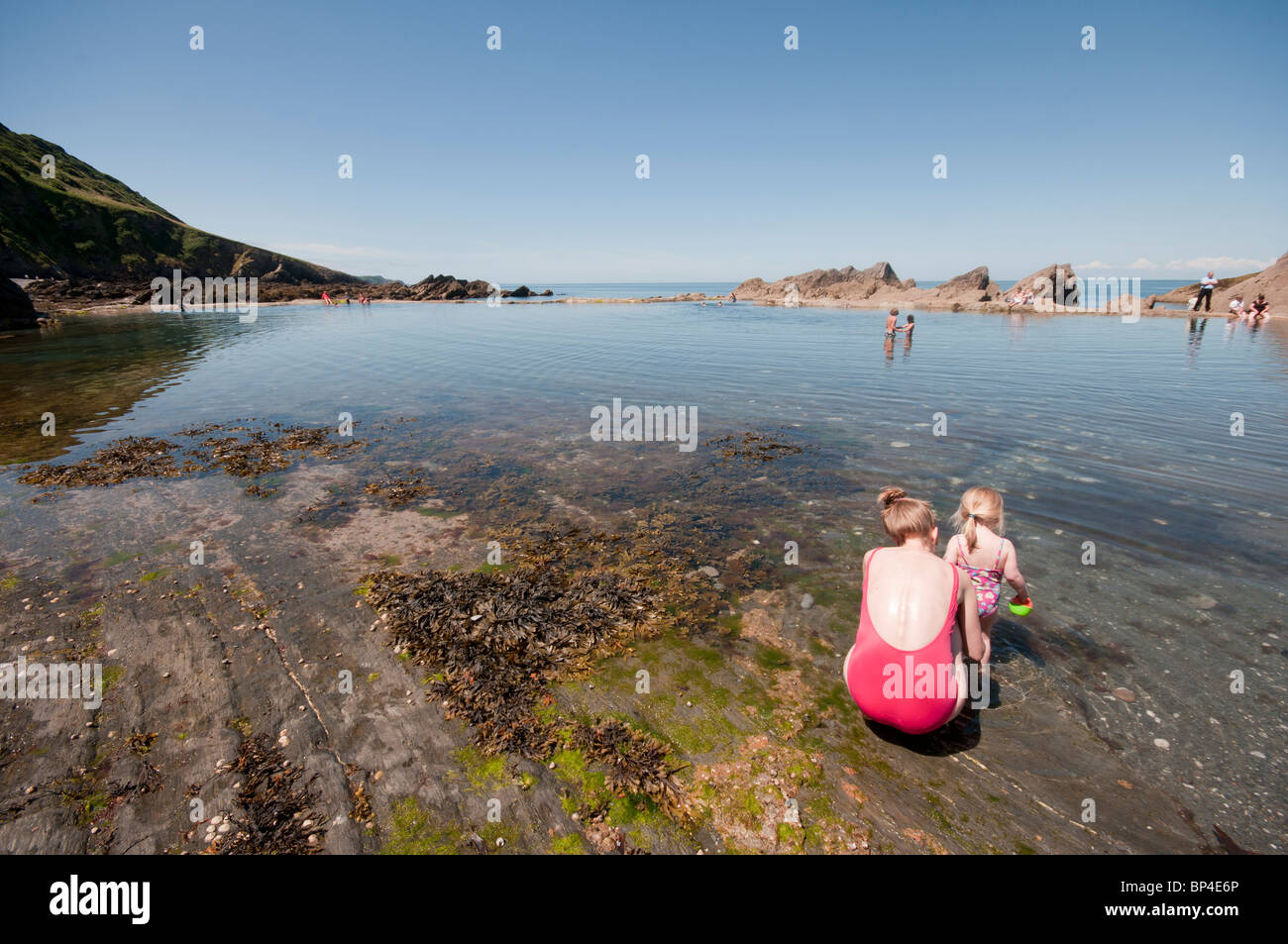 The Tunnels Beach and rock pool at North Devon Stock Photo