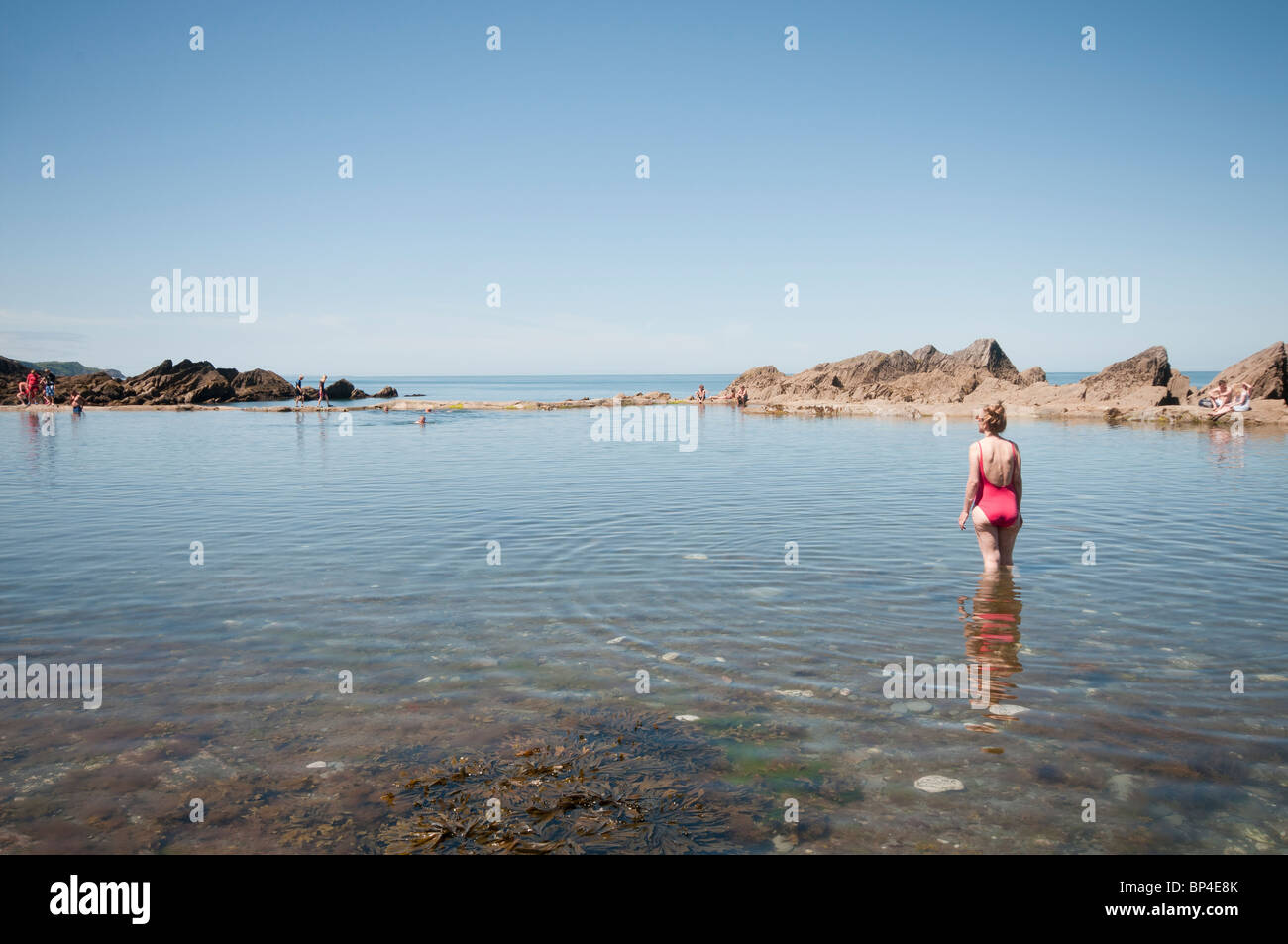 The Tunnels Beach and rock pool at North Devon Stock Photo