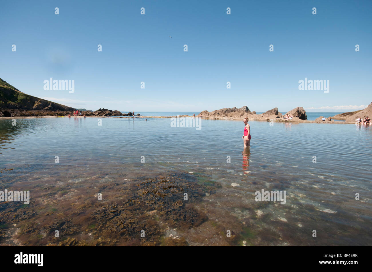 The Tunnels Beach and rock pool at North Devon Stock Photo