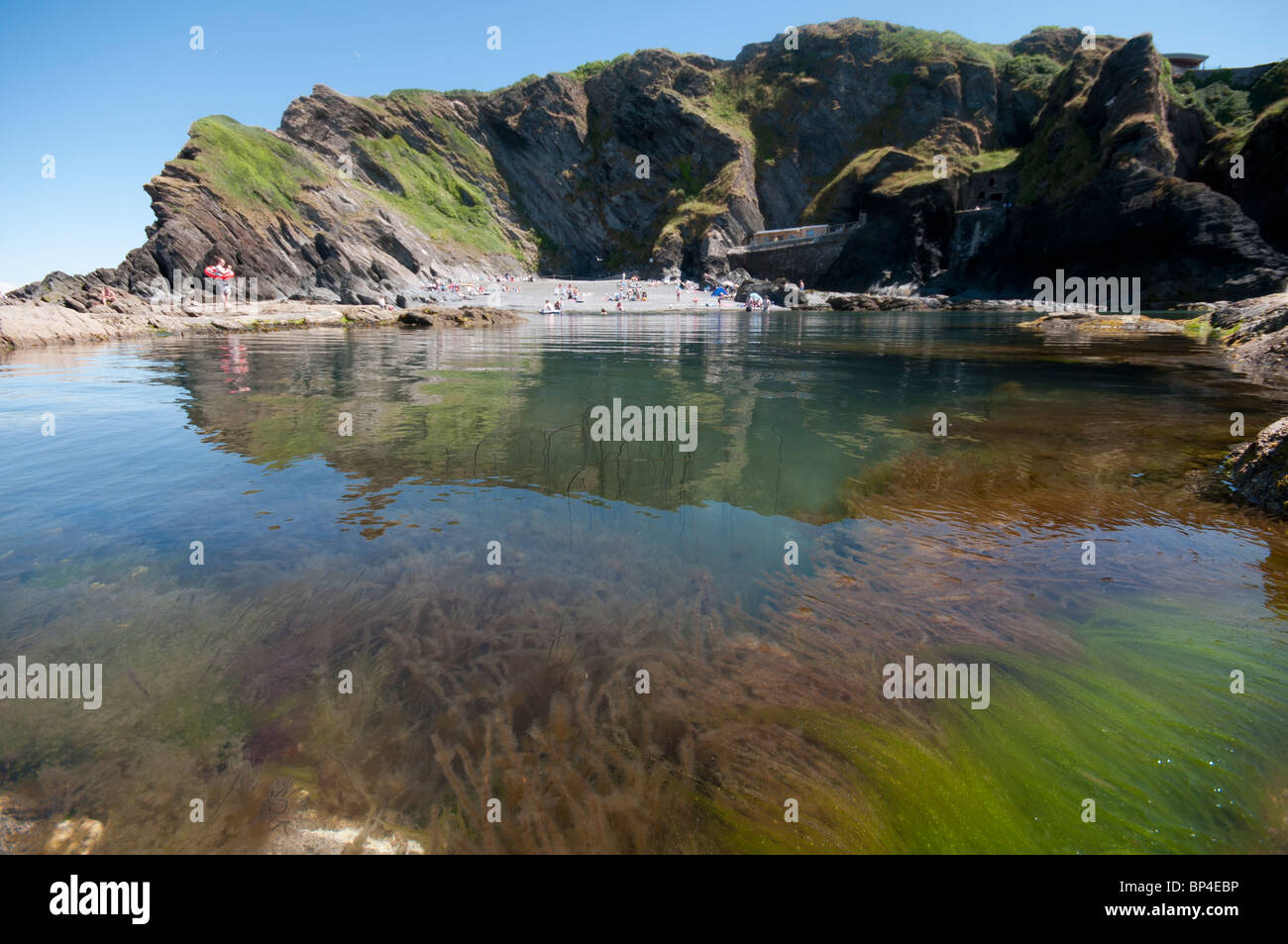 The Tunnels Beach and rock pool at North Devon Stock Photo