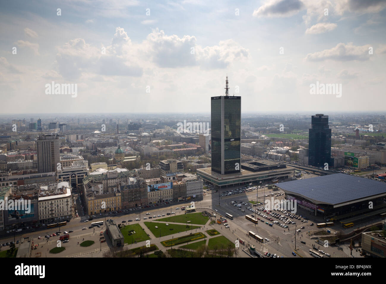 Marriott Hotel and Warsaw Central Rail Station. The view is from the Palace of Culture and Science, Warsaw Poland. Stock Photo