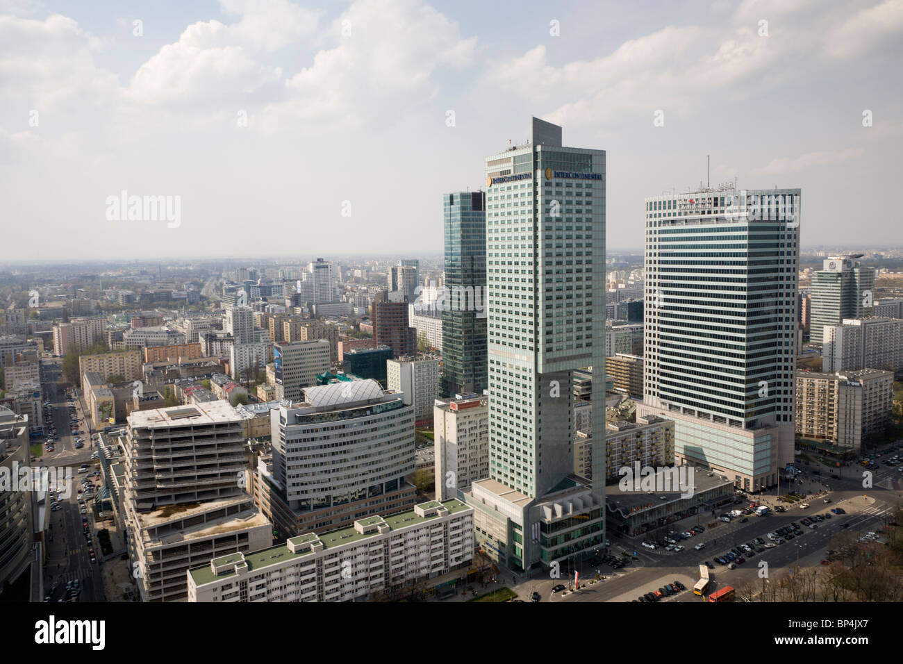 'Intercontinental' (C) and 'Warsaw Financial Center' (R). The view is from the Palace of Culture and Science, Warsaw Poland. Stock Photo