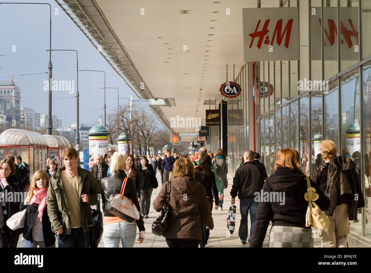 People walking on Marszalkowska street, Warsaw Poland. Stock Photo