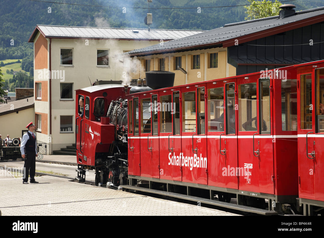 St Wolfgang, Salzkammergut, Austria. Red steam train on rack and pinion